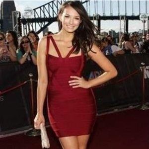 Herve Leger Deep Maroon Double Strap Bandage Mini Dress